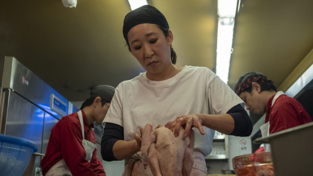 Sandra Oh preparing a chicken in Killing Eve