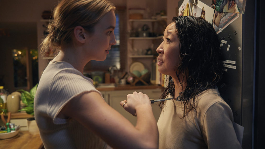 Villanelle (Jodie Comer) holds an ice pick to Eve (Sandra Oh) in Killing Eve