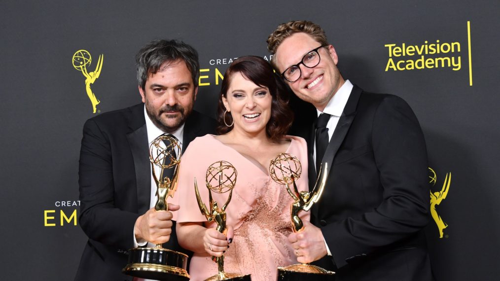 Adam Schlesinger, Rachel Bloom and Jack Dolgen hold awards at the 2019 Creative Arts Emmy Awards