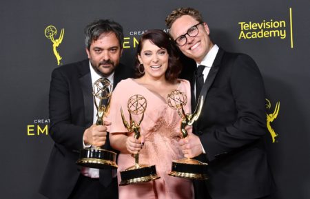 Adam Schlesinger, Rachel Bloom and Jack Dolgen hold awards at the 2019 Creative Arts Emmy Awards