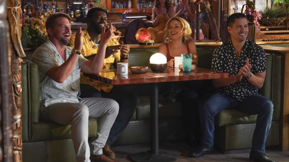 Zachary Knighton as Orville 'Rick' Wright, Stephen Hill as Theodore 'TC' Calvin, Perdita Weeks as Juliet Higgins, and Jay Hernandez as Thomas Magnum in Magnum PI