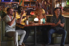 Zachary Knighton as Orville 'Rick' Wright, Stephen Hill as Theodore 'TC' Calvin, Perdita Weeks as Juliet Higgins, and Jay Hernandez as Thomas Magnum in Magnum PI