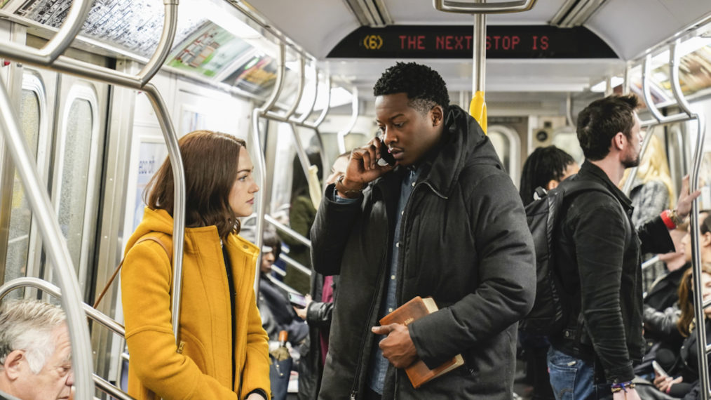 Violett Beane as Cara Bloom and Brandon Micheal Hall as Miles Finer on the subway in God Friended Me