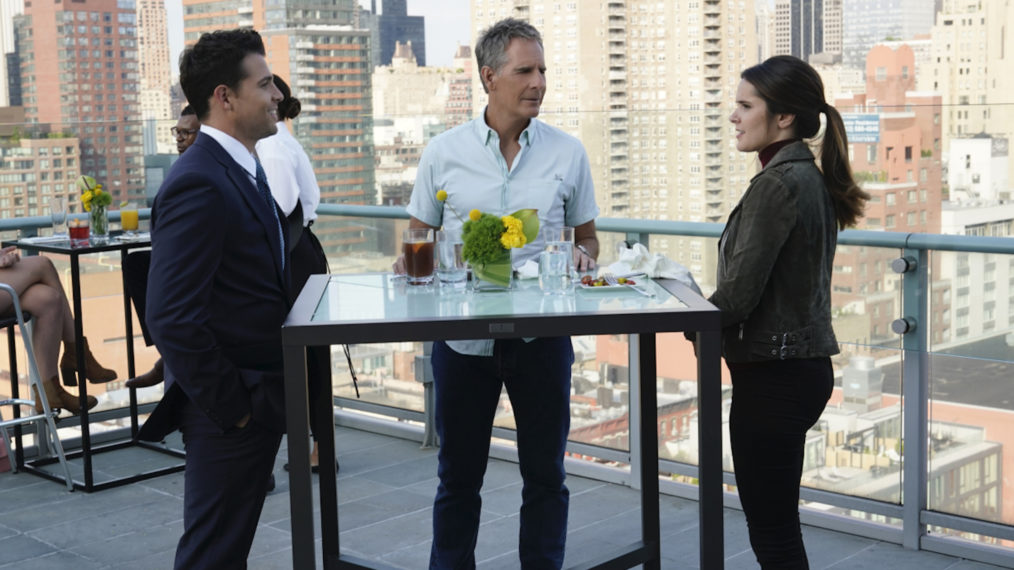 Lenny Platt as Detective David Cabrera, Scott Bakula as Special Agent Dwayne Pride, and Shanley Caswell as Laurel Pride in NCIS: New Orleans Season 7 - 'Bad Apple'