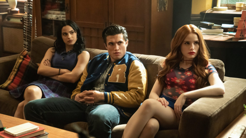 The season 4 finale of Riverdale - Camila Mendes as Veronica Lodge, Charles Melton as Reggie Mantle, and Madelaine Petsch as Cheryl Blossom
