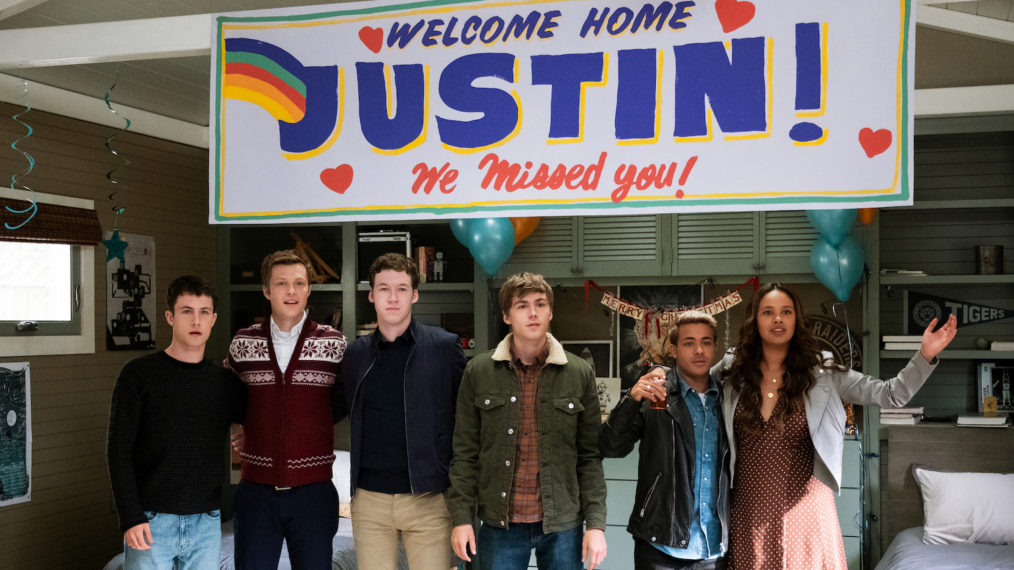 13 Reasons Why - Dylan Minnette as Clay Jensen, Tyler Barnhardt as Charlie Saint, Devin Druid as Tyler Down, Miles Heizer as Alex Standall, Christian Navarro as Tony Padilla, and Alisha Boe as Jessica Davis - Season 4, Episode 1