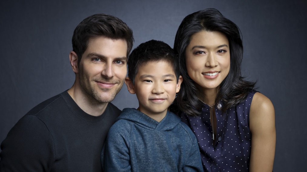 A Million Little Things, Season 3 - David Giuntoli as Eddie Saville, Tristan Byon as Theo Saville, and Grace Park as Katherine Saville