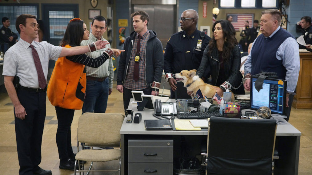 Joe Lo Truglio as Charles Boyle, Melissa Fumero as Amy Santiago, Winston Story as Bill, Andy Samberg as Jake Peralta, Andre Braugher as Ray Holt, Stephanie Beatriz as Rosa Diaz, Joel McKinnon Miller as Scully in Brooklyn Nine-Nine - Season 7