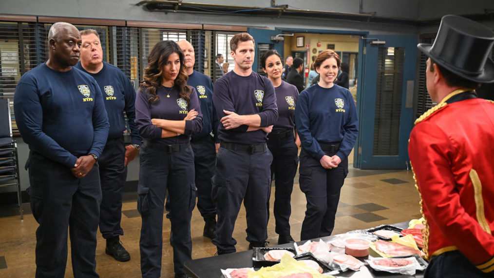 Andre Braugher as Ray Holt, Joel McKinnon Miller as Scully, Stephanie Beatriz as Rosa Diaz, Dirk Blocker as Hitchcock, Andy Samberg as Jake Peralta, Melissa Fumero as Amy Santiago, Vanessa Bayer as Debbie Fogel in Brooklyn Nine-Nine - Season 7