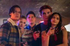 Riverdale Season 5 Time Jump Wishlist Relationships - Cole Sprouse as Jughead Jones, Lili Reinhart as Betty Cooper, Casey Cott as Kevin Keller, KJ Apa as Archie Andrews, and Camila Mendes as Veronica Lodge