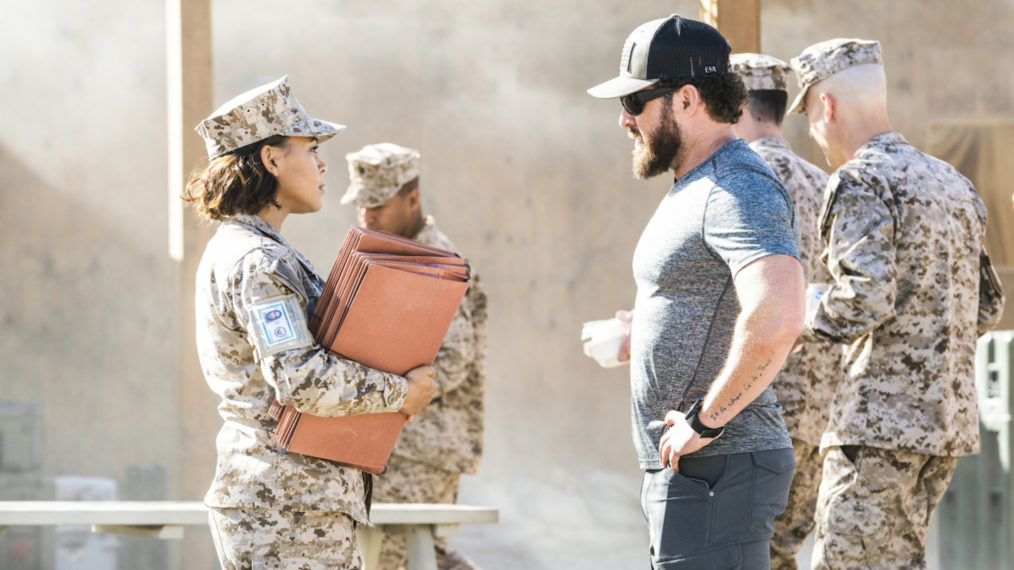 Toni Trucks as Lisa Davis and AJ Buckley as Sonny Quinn in SEAL Team - Season 4
