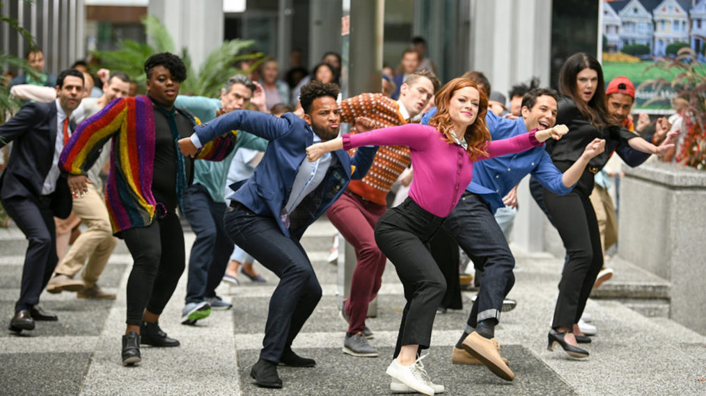 Andrew Leeds as David, Alex Newell as Mo, Peter Gallagher as Mitch, John Clarence Stewart as Simon, Michael Thomas Grant as Leif, Jane Levy as Zoey, Skylar Astin as Max, Lauren Graham as Joan in Zoey's Extraordinary Playlist - Season 1