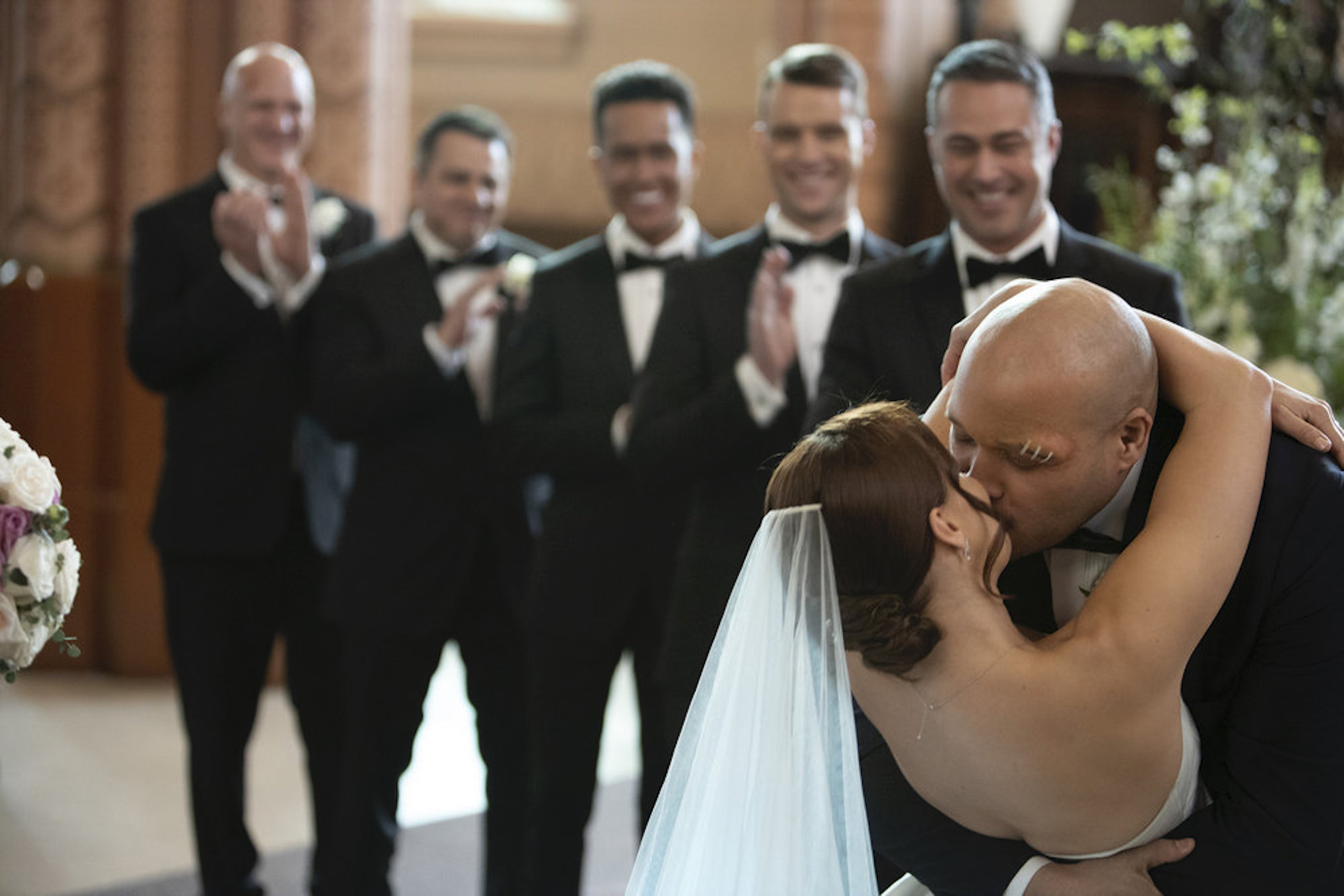 Randy Flagler as Harold Capp, Anthony Ferraris as himself, Jeff Lima as Leon Cruz, Jesse Spencer as Matthew Casey, Taylor Kinney as Kelly Severide, Kristen Gutoskie as Chloe Allen, Joe Minoso as Joe Cruz in 'Chicago Med' Season 8