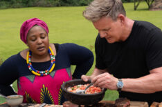 Chef Zola Nene observes as Gordon Ramsay tops grilled fish with ushatini, a combination of onions and tomatoes in South Africa - Gordon Ramsay Uncharted - Season 2