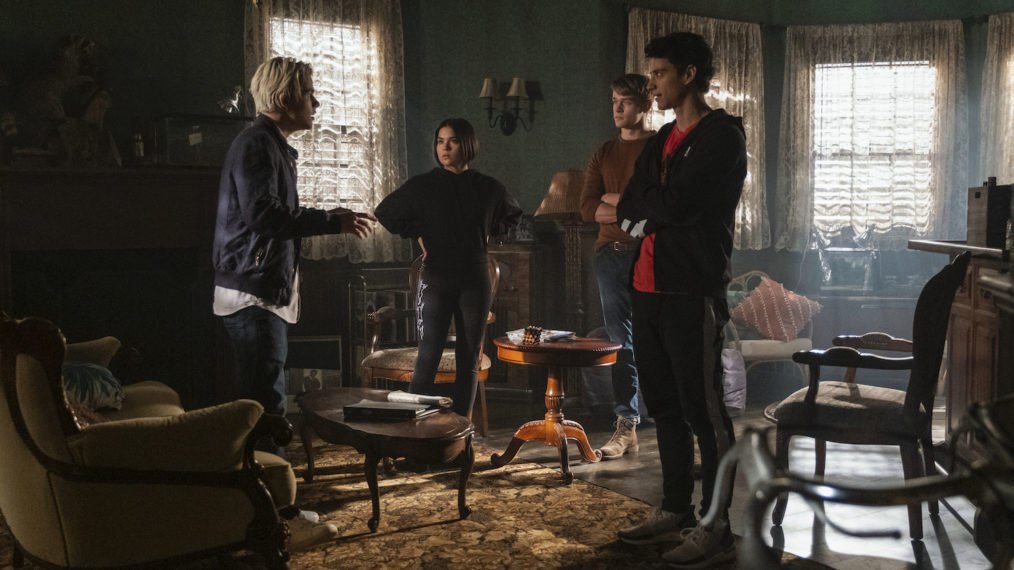 Jake Manley as Jack Morton, Devery Jacobs as Lilith Bathory, Thomas Elms as Hamish Duke, and Adam DiMarco as Randall Carpio in The Order - Season 2 Knights