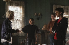 Jake Manley as Jack Morton, Devery Jacobs as Lilith Bathory, Thomas Elms as Hamish Duke, and Adam DiMarco as Randall Carpio in The Order - Season 2 Knights