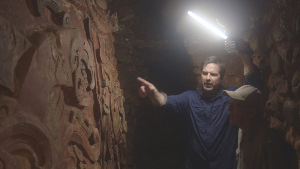 DON WILDMAN IN UNDERGROUND TOMB,WITH ARCHEOLOGIST DAVID SEDAT,HONDURAS CAVE,FINDINGS