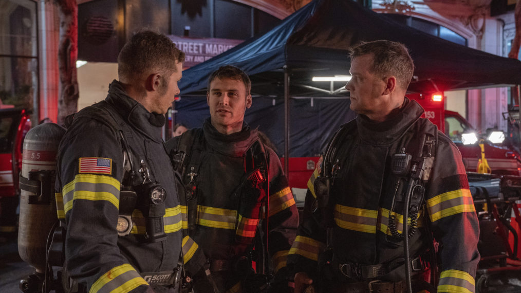 Oliver Stark as Buck, Ryan Guzman as Eddie, and Peter Krause as Bobby in the “The One That Got Away” episode of 9-1-1