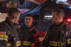 Oliver Stark as Buck, Ryan Guzman as Eddie, and Peter Krause as Bobby in the “The One That Got Away” episode of 9-1-1