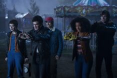 Chilling Adventures of Sabrina - Lachlan Watson as Theo, Gavin Leatherwood as Nick, Jonathan Whitesell as Robin, Jaz Sinclair as Rosalind, and Ross Lynch as Harvey