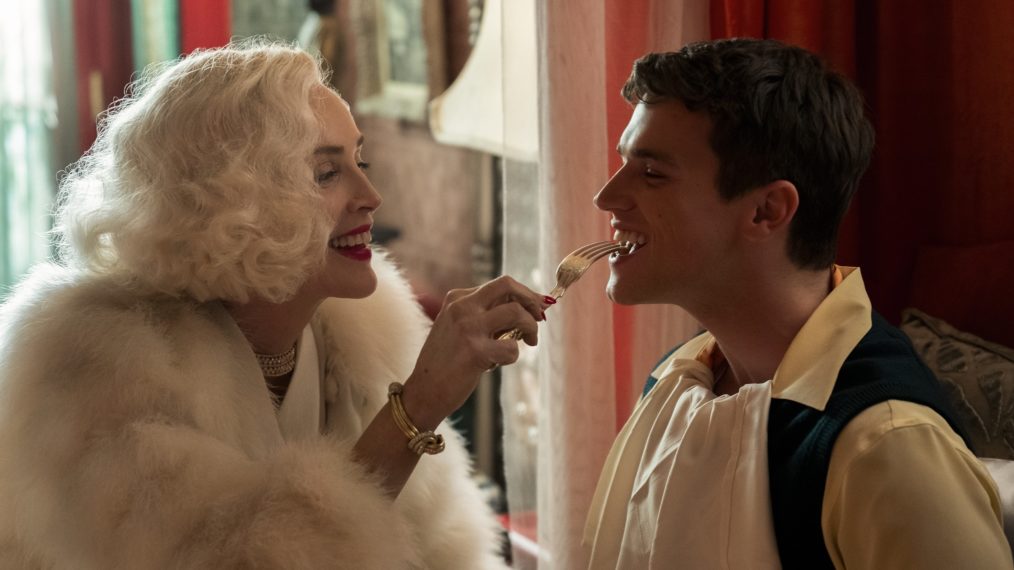 Sharon Stone as Lenore Osgood feeding Finn Wittrock as Edmund Tolleson with a fork in Ratched
