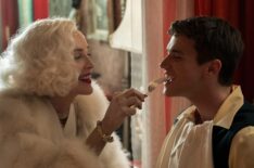 Sharon Stone as Lenore Osgood feeding Finn Wittrock as Edmund Tolleson with a fork in Ratched