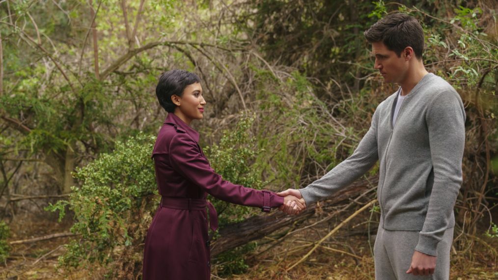 Andy Allo as Nora and Robbie Amell as Nathan in Upload - Season 1