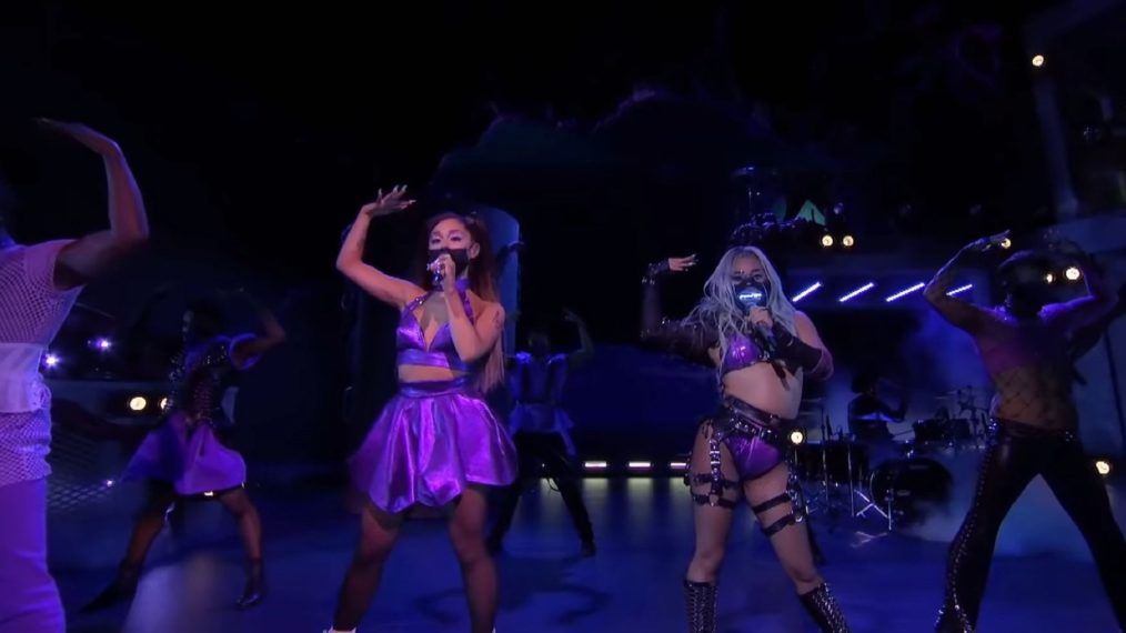 Ariana Grande and Lady Gaga performing at the 2020 MTV VMAs