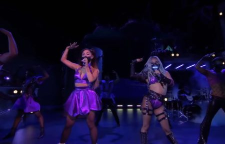 Ariana Grande and Lady Gaga performing at the 2020 MTV VMAs