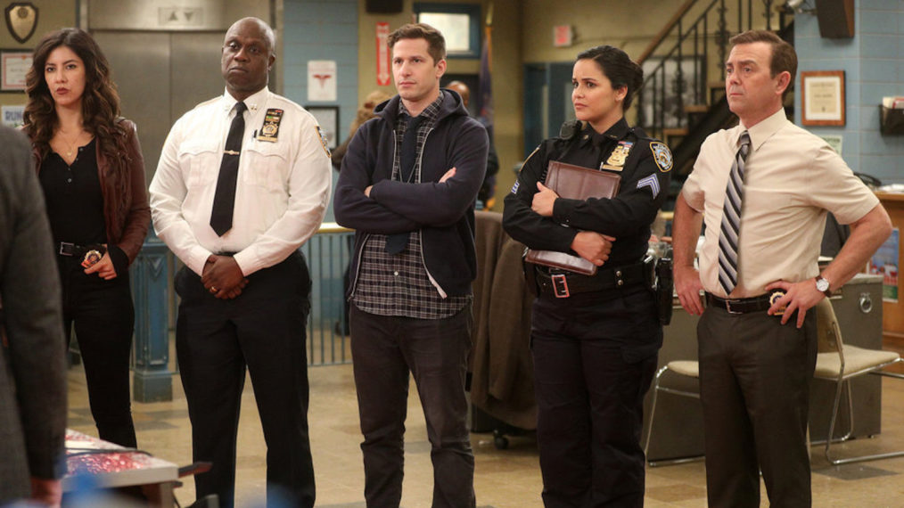 Stephanie Beatriz as Rosa Diaz, Andre Braugher as Ray Holt, Andy Samberg as Jake Peralta, Melissa Fumero as Amy Santiago, Joe Lo Truglio as Charles Boyle in Brooklyn Nine-Nine - Season 7