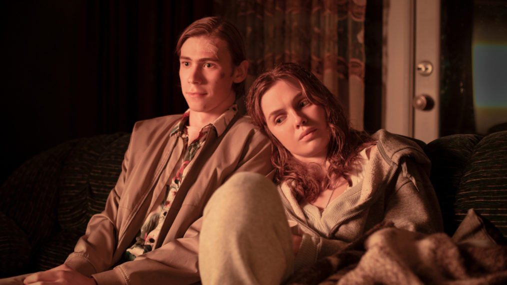 Owen Teague as Harold Lauder and Odessa Young and Frannie Goldsmith in The Stand