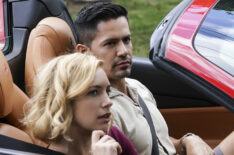 Jay Hernandez as Thomas and Perdita Weeks in Higgins in Magnum PI's red sports car