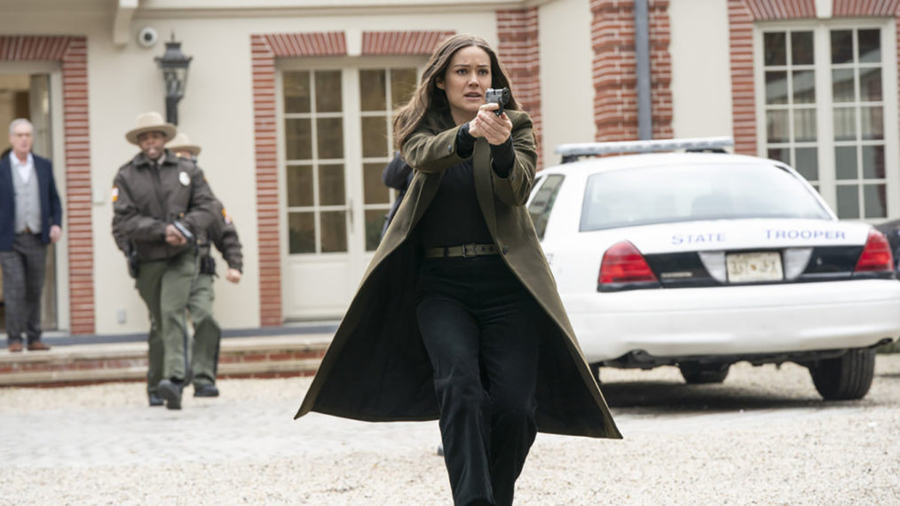 The Blacklist - Megan Boone holding a gun in Season 7