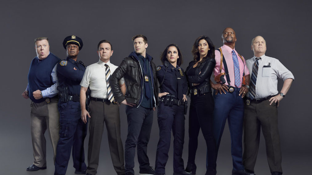 Joel McKinnon Miller as Scully; Andre Braugher as Raymond Holt; Joe Lo Truglio as Charles Boyce; Andy Samberg as Jake Peralta; Melissa Fumero as Amy Santiago; Stephanie Beatriz as Rosa Diaz; Terry Crews as Terry Jeffords; Dirk Blocker as Hitchcock in Brooklyn Nine Nine - Season 7 Cast