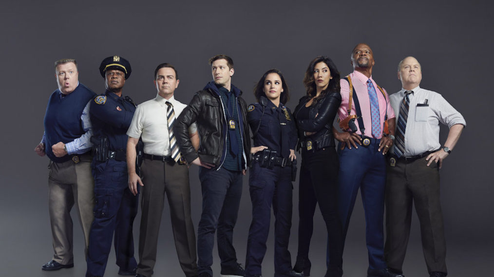 Joel McKinnon Miller as Scully; Andre Braugher as Raymond Holt; Joe Lo Truglio as Charles Boyce; Andy Samberg as Jake Peralta; Melissa Fumero as Amy Santiago; Stephanie Beatriz as Rosa Diaz; Terry Crews as Terry Jeffords; Dirk Blocker as Hitchcock in Brooklyn Nine Nine - Season 7 Cast