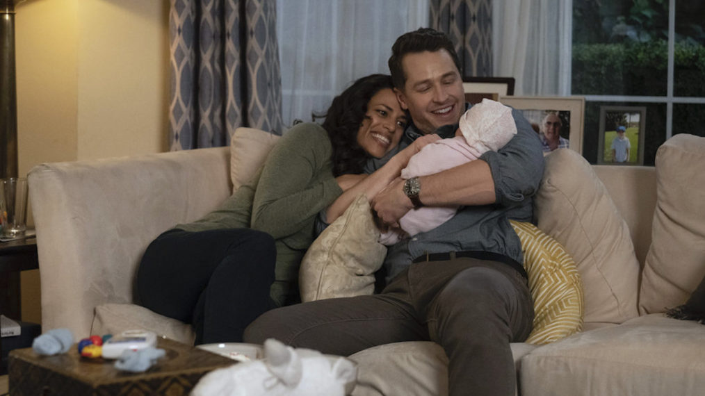 Athena Karkanis as Grace Stone and Josh Dallas as Ben Stone with their baby Eden in Manifest