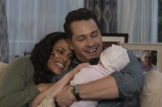 Athena Karkanis as Grace Stone and Josh Dallas as Ben Stone with their baby Eden in Manifest