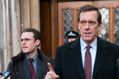Iain De Caestecker as Duncan Nock and Hugh Laurie as Peter Laurence in Roadkill on Masterpiece