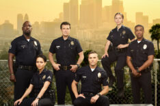 The Rookie cast - Richard T. Jones as Sergeant Wade Grey, Alyssa Diaz as Angela Lopez, Nathan Fillion as John Nolan, Eric Winter as Tim Bradford, Melissa O'Neil as Lucy Chen, and Titus Makin Jr. as Jackson West