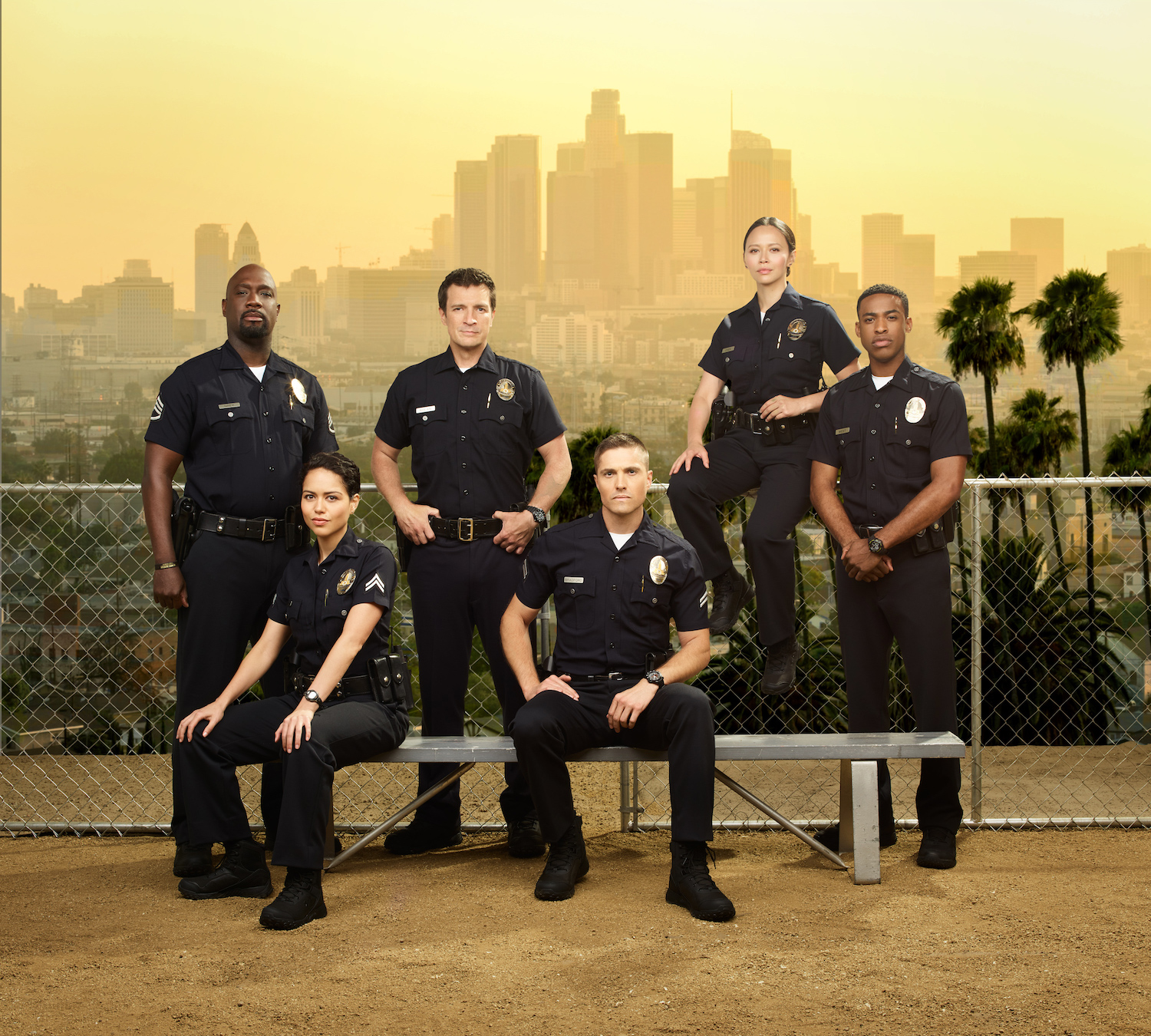 The Rookie cast - Richard T. Jones as Sergeant Wade Grey, Alyssa Diaz as Angela Lopez, Nathan Fillion as John Nolan, Eric Winter as Tim Bradford, Melissa O'Neil as Lucy Chen, and Titus Makin Jr. as Jackson West