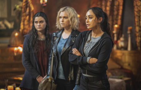 Lola Flanery as Madi, Eliza Taylor as Clarke, Lindsey Morgan as Raven in The 100 - 'Blood Giant'