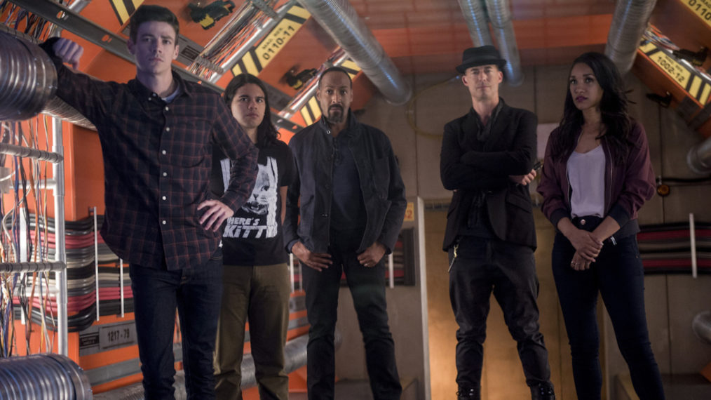 Grant Gustin as Barry Allen, Carlos Valdes as Cisco Ramon, Jesse L. Martin as Detective Joe West, Tom Cavanagh as Harrison Wells, and Candice Patton as Iris West in The Flash - Season 3