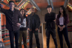 Grant Gustin as Barry Allen, Carlos Valdes as Cisco Ramon, Jesse L. Martin as Detective Joe West, Tom Cavanagh as Harrison Wells, and Candice Patton as Iris West in The Flash - Season 3