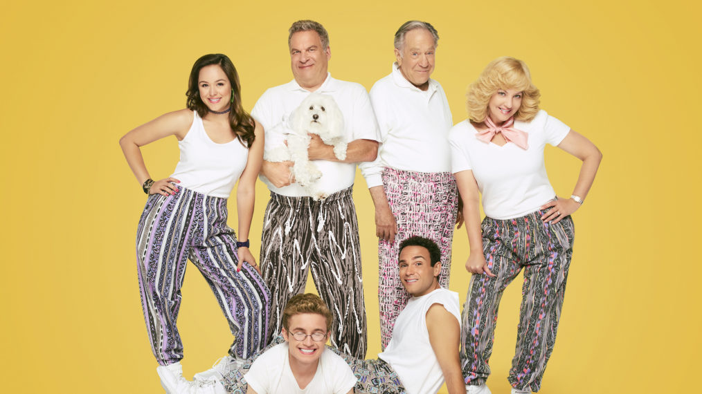 The Goldbergs Season 7 - Hayley Orrantia as Erica Goldberg, Jeff Garlin as Murray Goldberg, Sean Giambrone as Adam Goldberg, Troy Gentile as Barry Goldberg, George Segal as Pops Solomon, and Wendi McLendon-Covey as Beverly Goldberg