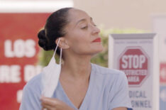 Dr. Rainbow Johnson (Tracee Ellis Ross) exits the hospital after a shift treating Covid-19