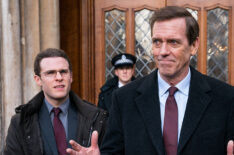 Iain De Caestecker as Duncan Nock and Hugh Laurie as Peter Laurence in Roadkill on Masterpiece