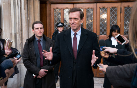 Iain De Caestecker as Duncan Nock and Hugh Laurie as Peter Laurence in Roadkill on Masterpiece