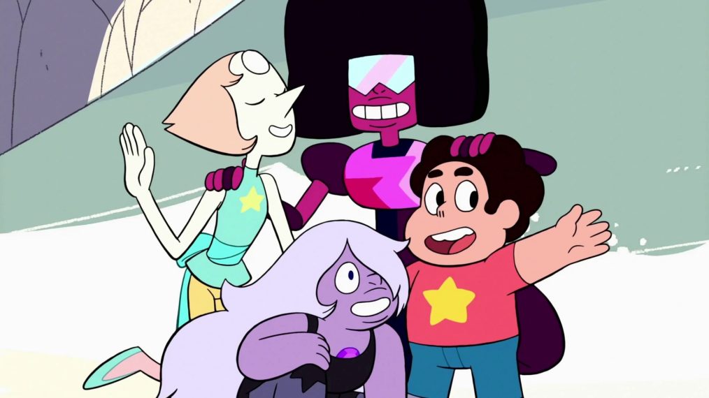 The Gems pose with Steven Universe in a promotional shot for Steven Universe