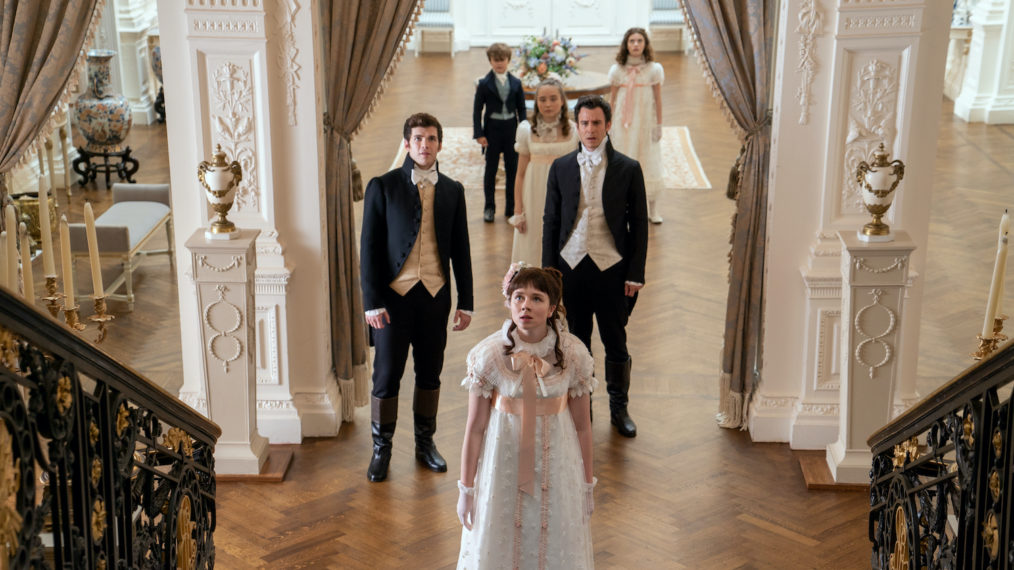 Bridgerton - Luke Newton as Colin Bridgerton, Will Tilston as Gregory Bridgerton, Claudia Jessie as Eloise Bridgerton, Ruby Stokes as Francesca Bridgerton, Luke Thompson as Benedict Bridgerton and Florence Hunt as Hyacinth Bridgerton