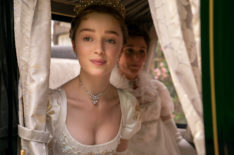 Phoebe Dynevor as Daphne Bridgerton in a carriage with Ruth Gemmell as Lady Violet Bridgerton